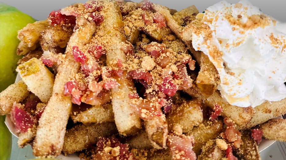Apple fries topped with crispy bacon, Ghirardelli caramel and peanut butter powder. Courtesy: Florida State Fair. 