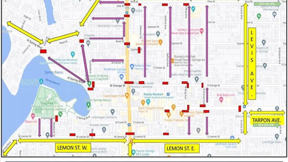 Map of roads that will be impacted by the Tarpon Springs Epiphany event. Image is courtesy of the city of Tarpon Springs. 