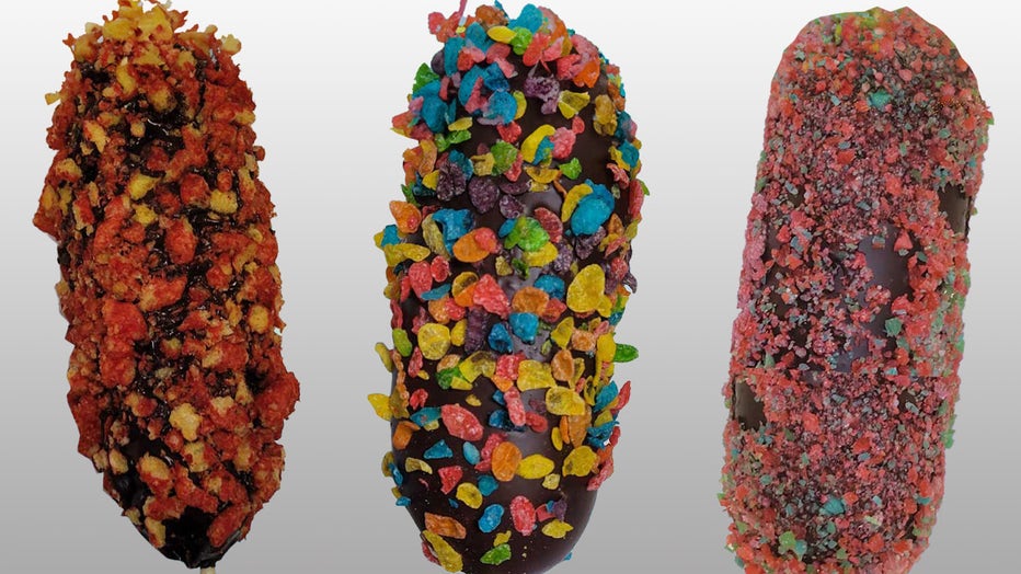 A pickle wrapped in a chocolate-dipped Fruit Roll-up and topped with Pop Rocks, Fruity Pebbles or Flaming Hot Cheetos. 