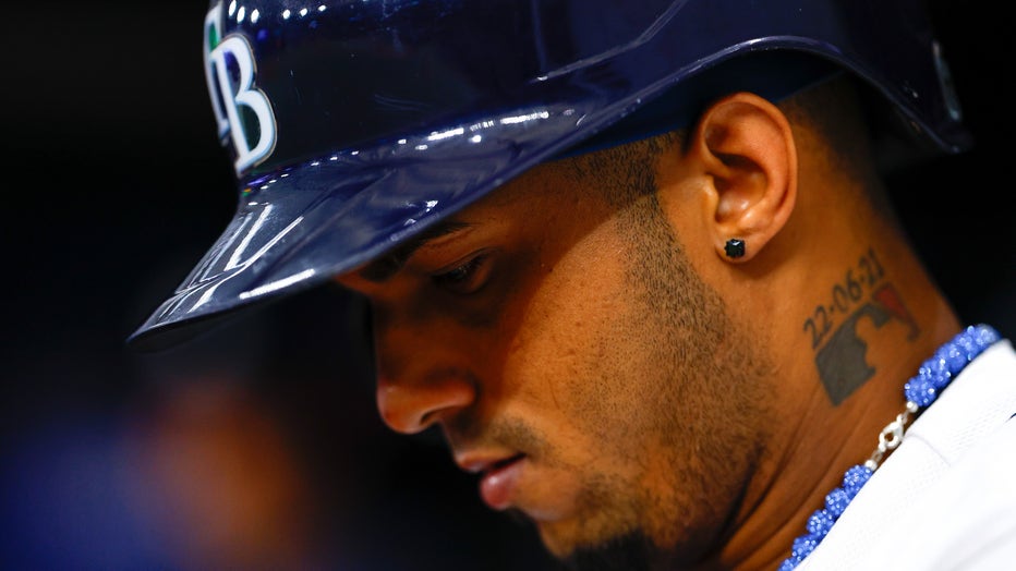 ST PETERSBURG, FLORIDA - AUGUST 12: Wander Franco #5 of the Tampa Bay Rays looks on during the ninth inning against the Cleveland Guardians at Tropicana Field on August 12, 2023 in St Petersburg, Florida. (Photo by Douglas P. DeFelice/Getty Images)