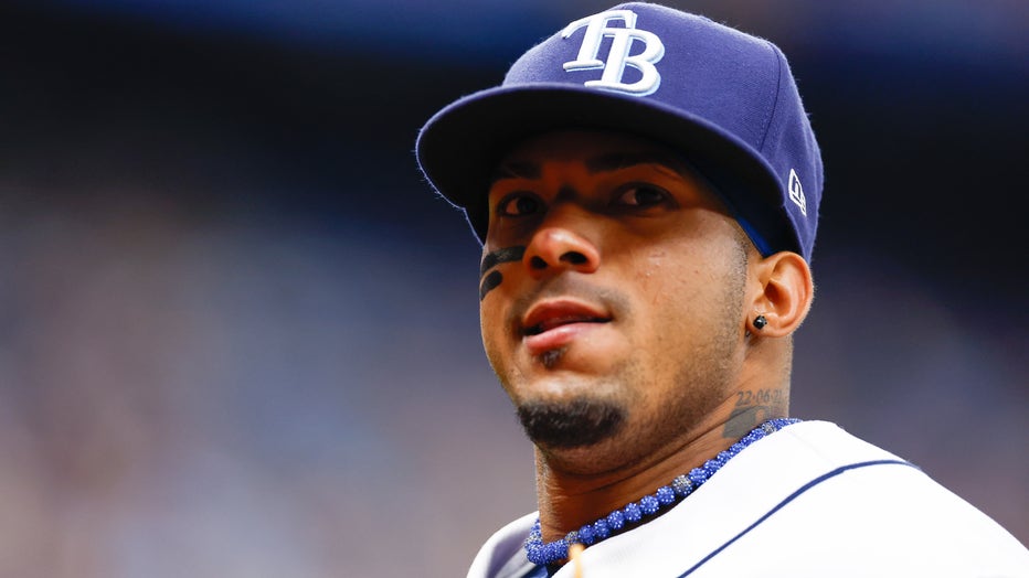 ST PETERSBURG, FLORIDA - AUGUST 12: Wander Franco #5 of the Tampa Bay Rays looks on during the fifth inning against the Cleveland Guardians at Tropicana Field on August 12, 2023 in St Petersburg, Florida. (Photo by Douglas P. DeFelice/Getty Images)