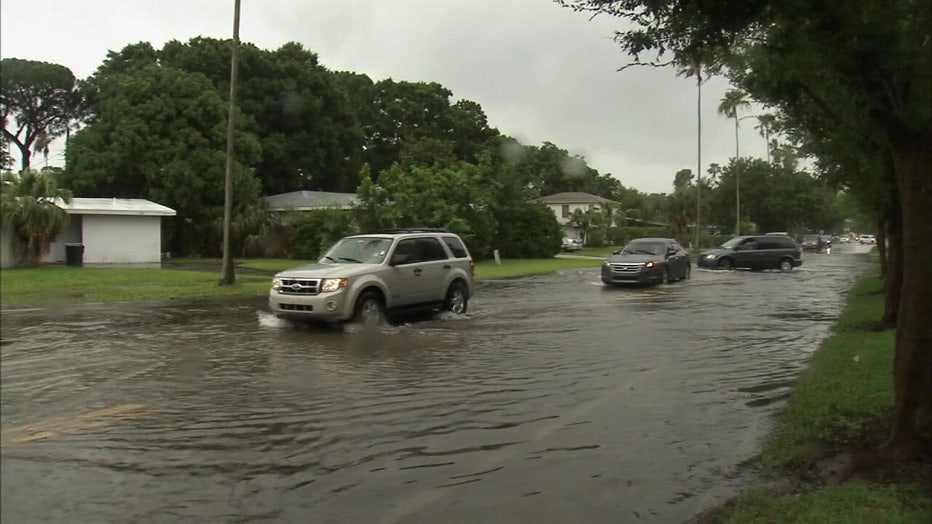 Cars drive through Shore Acres flood waters. 