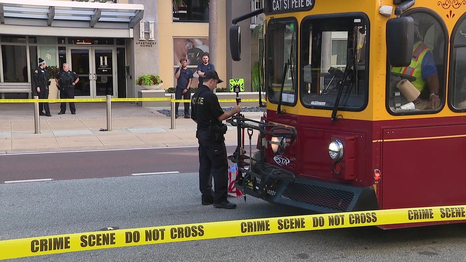 Crime scene tapes surrounds a trolley that police say hit a teen in November 2023. 