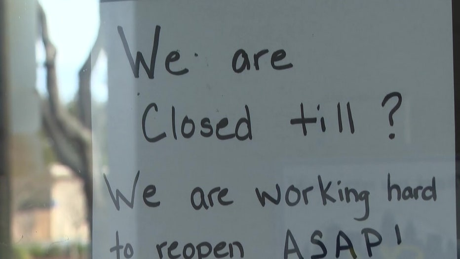 A sign saying 'We're Closed' is posted on Skyline Chili in Clearwater after police say a DUI driver crashed into the restaurant on Sunday. 