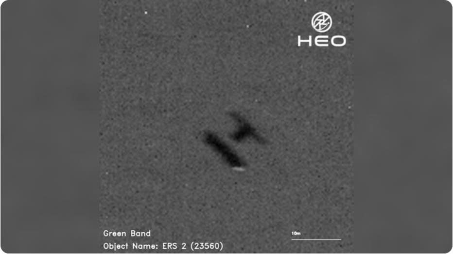 ESA’s ERS-2 satellite was spotted on January 29, 2024, tumbling as it descends through the atmosphere. These images were captured by cameras on board other satellites by Australian company HEO on behalf of the UK Space Agency. (Credit: HEO via UK Space Agency)
