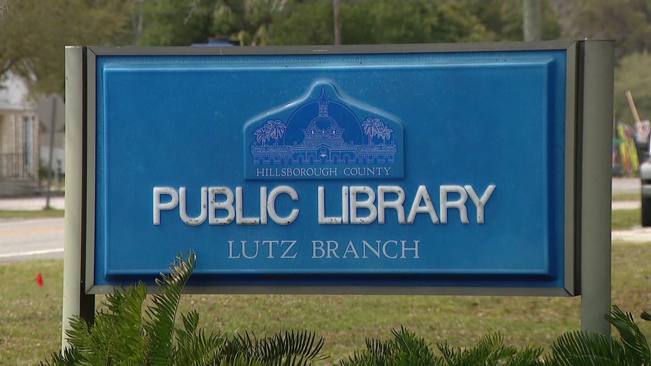 Exterior of sign at Lutz library. 