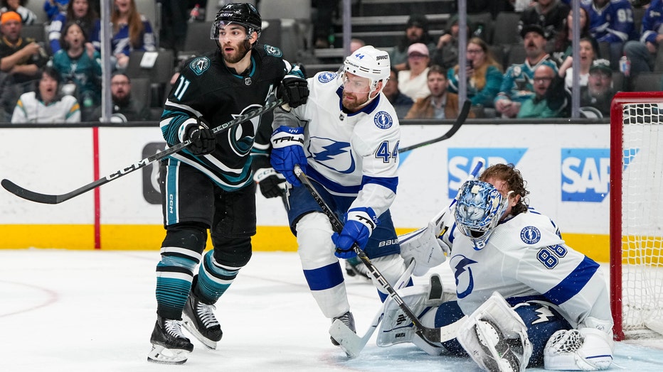 SAN JOSE, CALIFORNIA - MARCH 21: Andrei Vasilevskiy #88 of the Tampa Bay Lightning makes a save against the San Jose Sharks at SAP Center on March 21, 2024 in San Jose, California. (Photo by Andreea Cardani/NHLI via Getty Images)