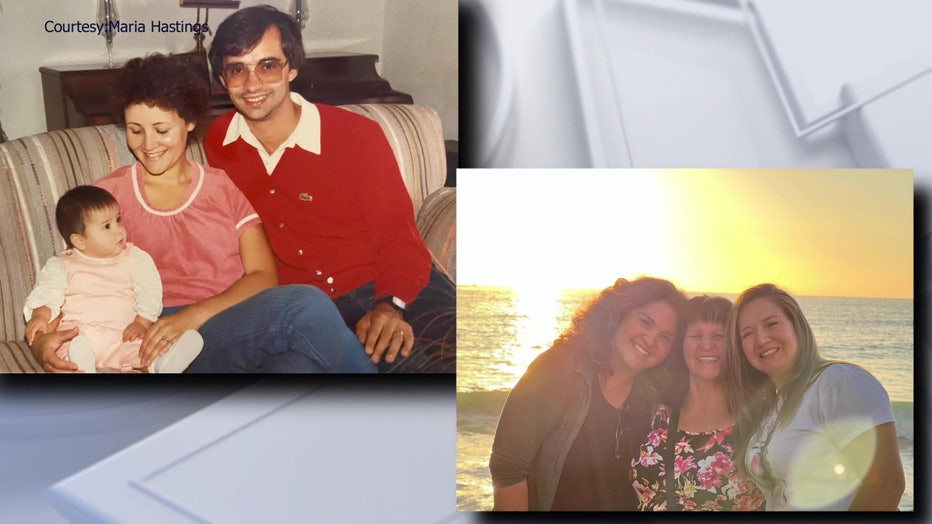 Maria Hastings as a child with her adoptive family and as an adult with her biological mother and sister.