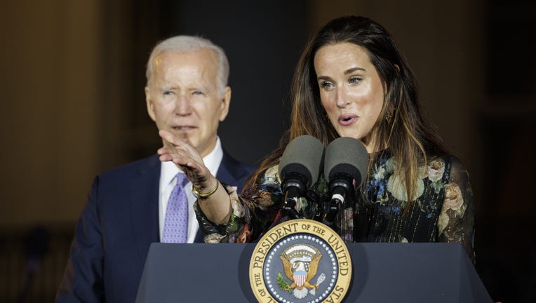 Ashley Biden speaks alongside her father US President Joe Biden during a Juneteenth concert on the South Lawn of the White House in Washington, DC, US, on Tuesday, June 13, 2023. In 2021, Biden signed legislation establishing Juneteenth as the nations newest Federal holiday. Photographer: Samuel Corum/Sipa/Bloomberg via Getty Images