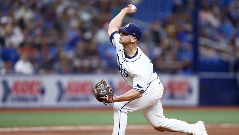ST PETERSBURG, FLORIDA - APRIL 13: Ben Rortvedt #30 of the Tampa Bay Rays throws a pitch against the San Francisco Giants during the eighth inning at Tropicana Field on April 13, 2024 in St Petersburg, Florida. (Photo by Douglas P. DeFelice/Getty Images)