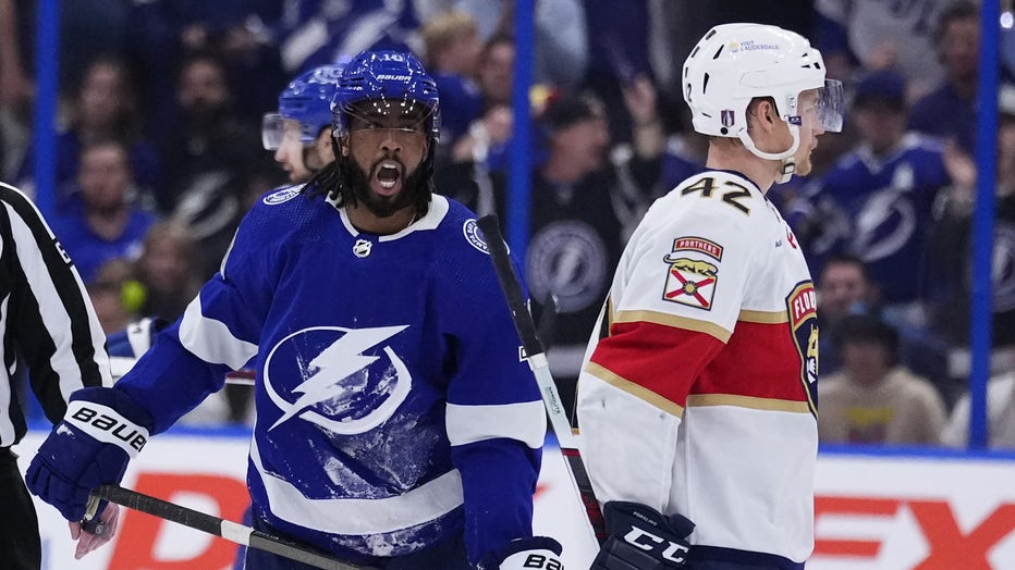 TAMPA, FLORIDA - APRIL 27: Anthony Duclair #10 of the Tampa Bay Lightning shouts at Gustav Forsling #42 of the Florida Panthers after drawing a penalty during the third period of Game Four of the First Round of the 2024 Stanley Cup Playoffs at Amalie Arena on April 27, 2024 in Tampa, Florida. (Photo by Rich Storry/Getty Images)