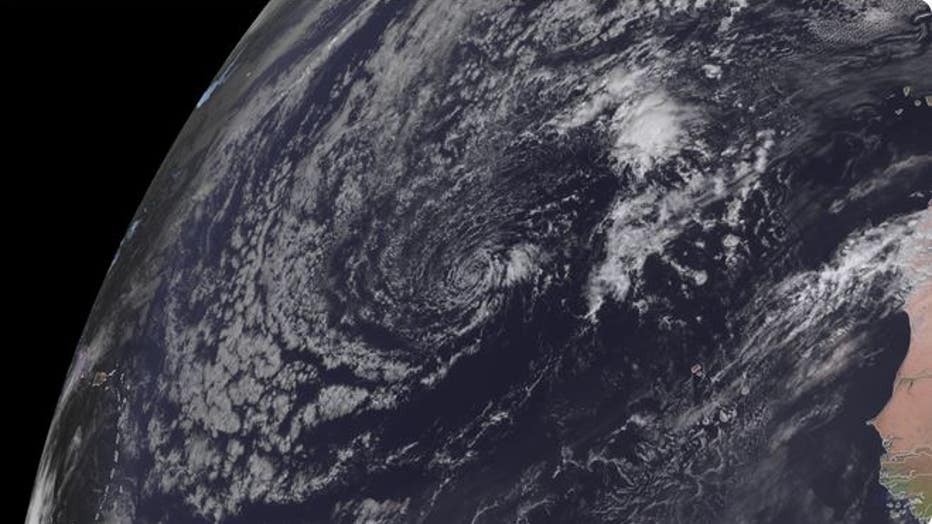 This satellite image shows the area of disturbed weather in the Atlantic Ocean on Thursday, April 25, 2024. (NOAA)