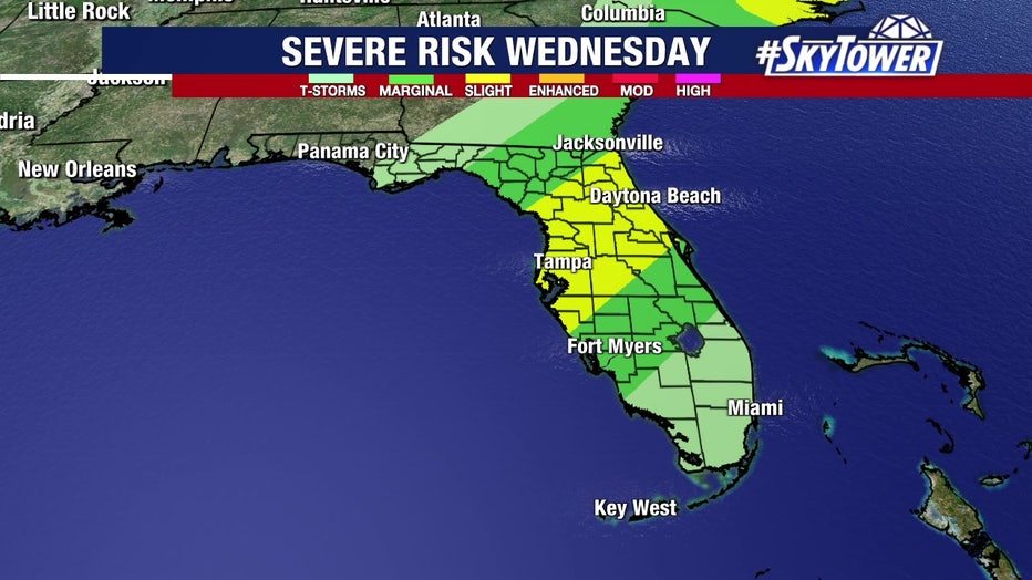 There is a slight risk of severe weather on Wednesday ahead of a cold front. 