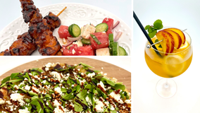 Recipes: Chicken Skewers, Arugula Feta Flatbread, Watermelon Feta Salad and Peach White Wine Spritzer