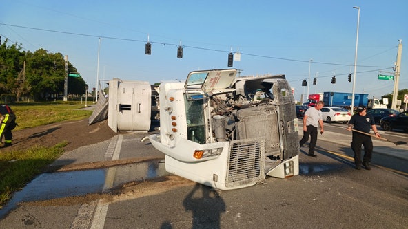 Semi-truck topples over and spills load of gravel, diesel in Hillsborough County: FHP