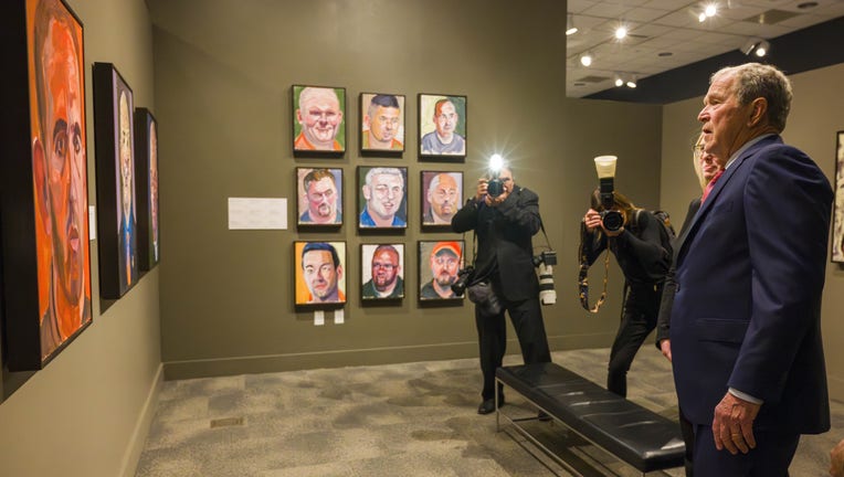 YORBA LINDA, CA - MARCH 13: President George W. Bush visits the Richard Nixon Library & Museum to view a collection of his paintings for the exhibit, "Portraits of Courage: A Commander in Chiefs Tribute to Americas Warriors" in Yorba Linda on Wednesday, March 13, 2024. The exhibit (Photo by Leonard Ortiz/MediaNews Group/Orange County Register via Getty Images)