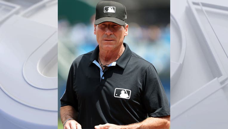 Umpire Angel Hernandez #5 looks on prior to the game between the Milwaukee Brewers and the Kansas City Royals at Kauffman Stadium on May 08, 2024 in Kansas City, Missouri. (Photo by Jamie Squire/Getty Images)