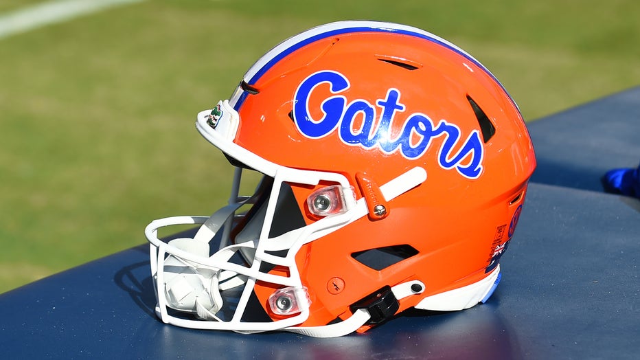 JACKSONVILLE, FL - OCTOBER 28: A Florida Gators football helmet sits on the sideline during the college football game between the Georgia Bulldogs and the Florida Gators on October 28, 2023, at EverBank Stadium in Jacksonville, FL. (Photo by Jeffrey Vest/Icon Sportswire via Getty Images)
