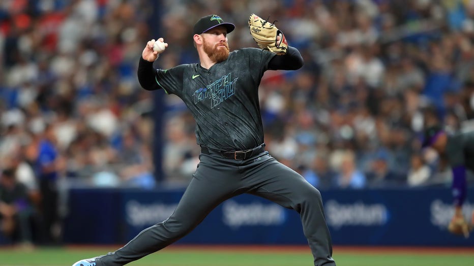 ST. PETERSBURG, FL - MAY 11: Tampa Bay Rays pitcher Zack Littrell (52) delivers a pitch to the plate during the regular season game between the New York Yankees and the Tampa Bay Rays on May 11, 2024, at Tropicana Field in St. Petersburg, FL. (Photo by Cliff Welch/Icon Sportswire via Getty Images)