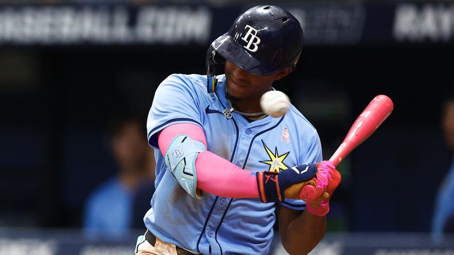 ST PETERSBURG, FLORIDA - MAY 12: Richie Palacios #1 of the Tampa Bay Rays reacts to a pitch during the seventh inning against the New York Yankees at Tropicana Field on May 12, 2024 in St Petersburg, Florida. (Photo by Douglas P. DeFelice/Getty Images)