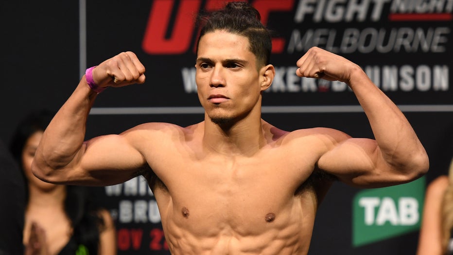 MELBOURNE, AUSTRALIA - NOVEMBER 26: Geane Herrera poses on the scale during the UFC weigh-in at Rod Laver Arena on November 26, 2016 in Melbourne, Australia. (Photo by Jeff Bottari/Zuffa LLC/Zuffa LLC via Getty Images)