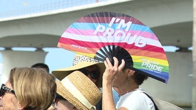 Project Pride Sarasota walk Ringling Bridge with huge pride flag