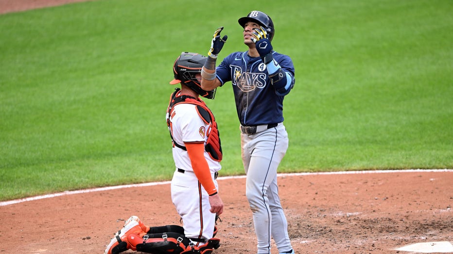 BALTIMORE, MARYLAND - JUNE 02: José Caballero #7 of the Tampa Bay Rays celebrates after hitting a home run in the seventh inning against the Baltimore Orioles at Oriole Park at Camden Yards on June 02, 2024 in Baltimore, Maryland. (Photo by Greg Fiume/Getty Images)