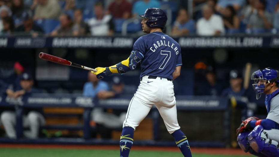 ST. PETERSBURG, FL - JUNE 12: Jose Caballero #7 of the Tampa Bay Rays bats against the Chicago Cubs during a baseball game at Tropicana Field on June 12, 2024 in St. Petersburg, Florida. (Photo by Mike Carlson/Getty Images)