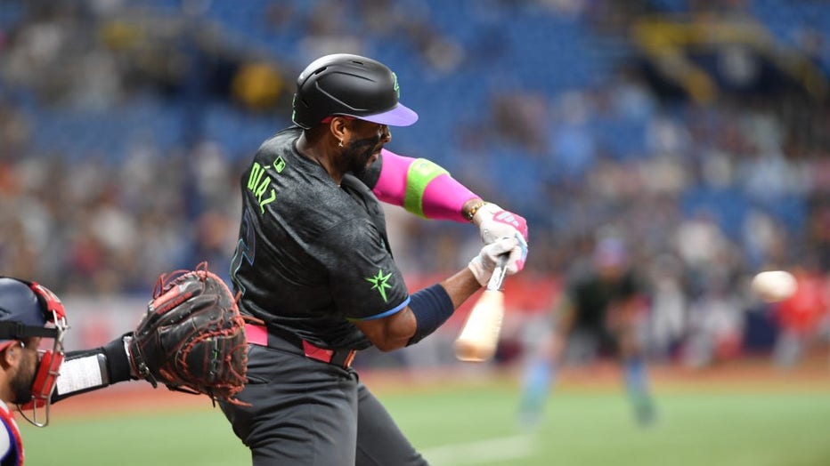 ST PETERSBURG, FLORIDA - JUNE 29: Tampa Bay Rays first baseman Yandy Díaz #2 at bat during fourth inning action against the Washington Nationals at Tropicana Field on June 29, 2024 in St Petersburg, Florida. (Photo by Mark Taylor/Getty Images)