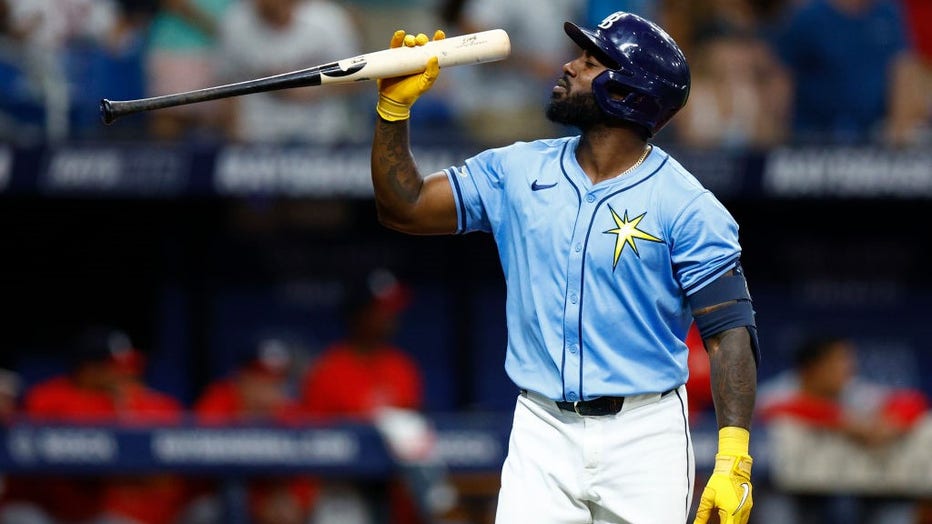 ST PETERSBURG, FLORIDA - JUNE 30: Randy Arozarena #56 of the Tampa Bay Rays reacts after hitting a solo home run during the seventh inning against the Washington Nationals at Tropicana Field on June 30, 2024 in St Petersburg, Florida. (Photo by Douglas P. DeFelice/Getty Images)