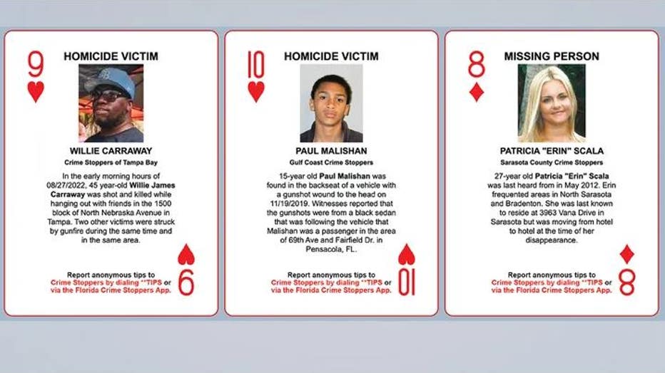 Florida officials are giving out playing cards to inmates featuring information on cold cases and missing-persons cases to help solve stalled investigations. (Florida Association of Crime Stoppers)