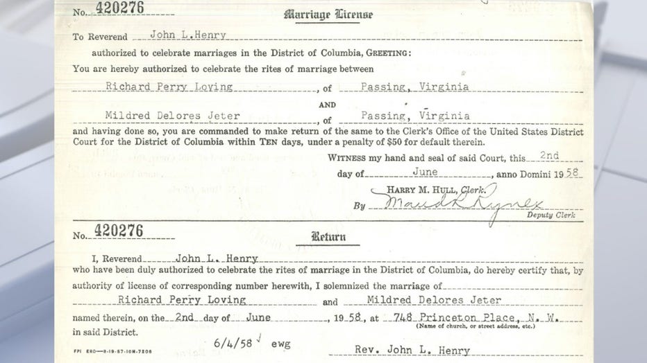 FILE - Marriage license of Richard and Mildred loving. CREDIT: National Archives