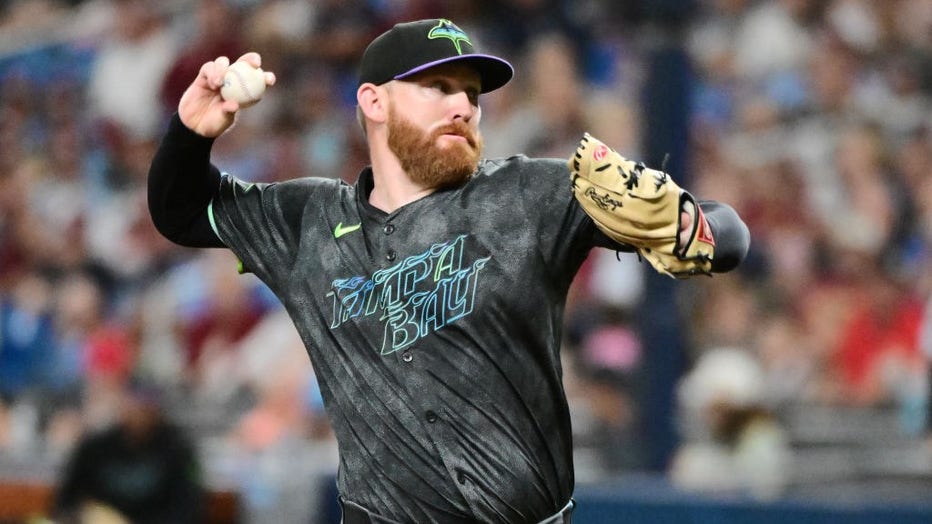 ST PETERSBURG, FLORIDA - JULY 13: Zack Littell #52 of the Tampa Bay Rays delivers a pitch to the Cleveland Guardians in the first inning at Tropicana Field on July 13, 2024 in St Petersburg, Florida. (Photo by Julio Aguilar/Getty Images)