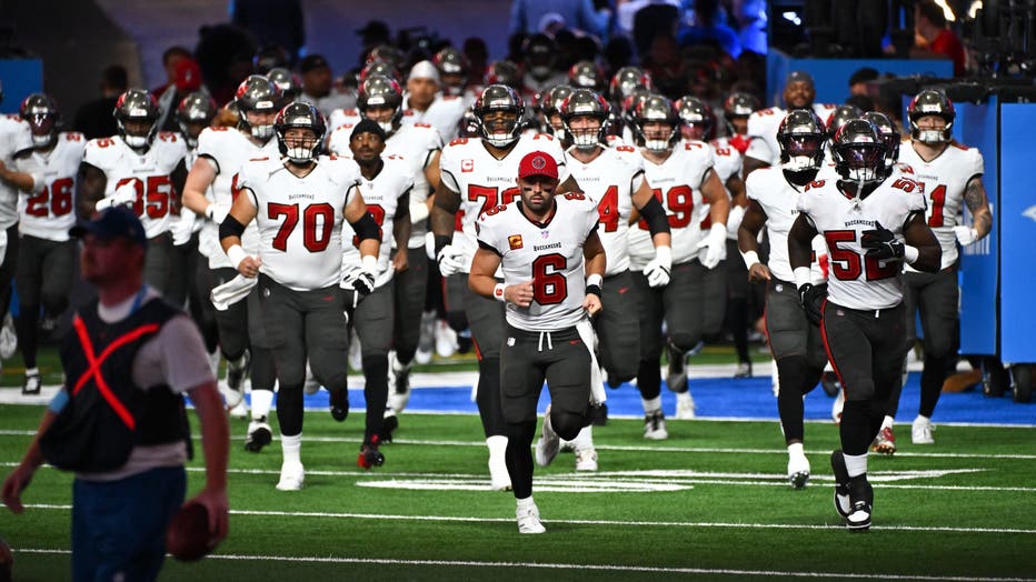 DETROIT, MI - SEPTEMBER 15: Tampa Bay Buccaneers quarterback Baker Mayfield (6) leads the team onto the field prior to the Detroit Lions versus the Tampa Bay Buccaneers game on Sunday September 15, 2024 at Ford Field in Detroit, MI. (Photo by Steven King/Icon Sportswire via Getty Images)