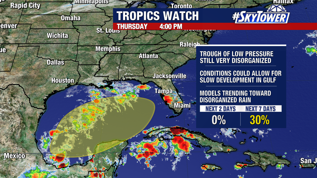 Tropical Disturbance in the Gulf is likely to bring heavy rain to Florida, although there is a lower chance of development