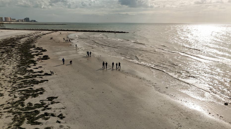 CLEARWATER BEACH, FLORIDA - OCTOBER 11: An aerial view of a nearly empty beach as the community of Clearwater Beach starts to recover from Hurricane Milton on October 11, 2024 in Clearwater Beach, Florida. Milton arrived on Floridas Gulf Coast late Wednesday evening as a Category 3 storm, causing extensive flooding and damage and came just after the recent catastrophic Hurricane Helene. (Photo by Spencer Platt/Getty Images)