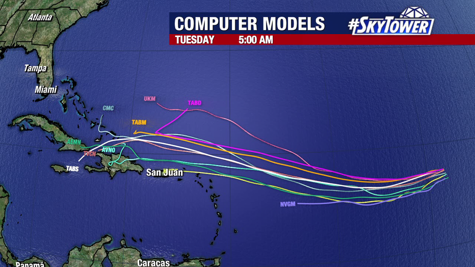 Models show Invest 94L approaching the Leeward Islands and the Caribbean, with many models taking the system north before reaching the U.S.