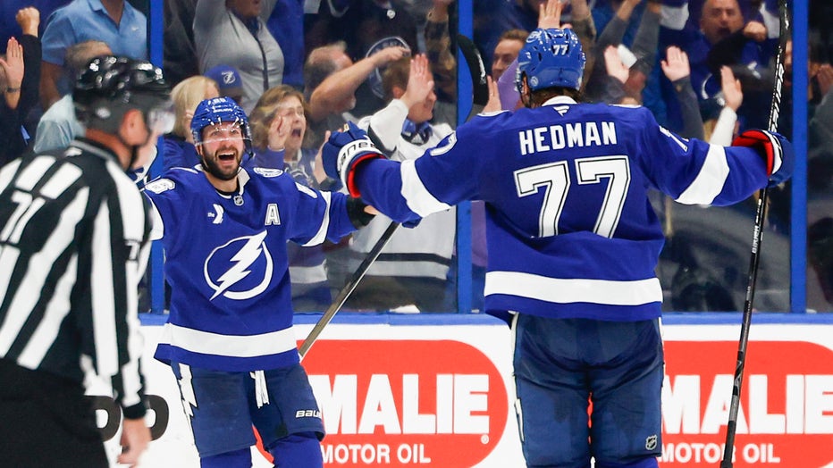 TAMPA, FLORIDA - OCTOBER 17: Nikita Kucherov #86 of the Tampa Bay Lightning reacts after scoring his second goal of the game in the third period against the Vegas Golden Knights at Amalie Arena on October 17, 2024 in Tampa, Florida. (Photo by Douglas P. DeFelice/Getty Images)