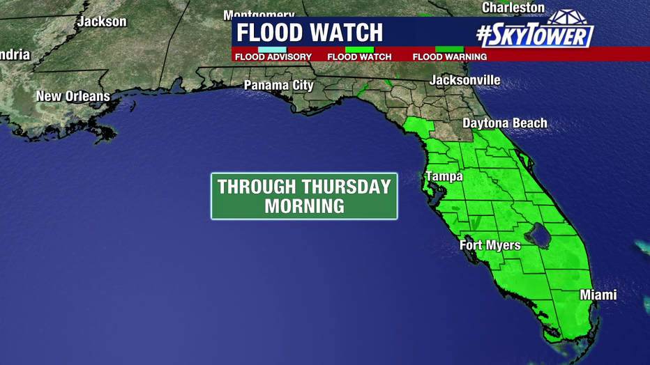 The entire Tampa Bay area is under a flood watch through Thursday morning, as are much of Central Florida and all of South Florida.