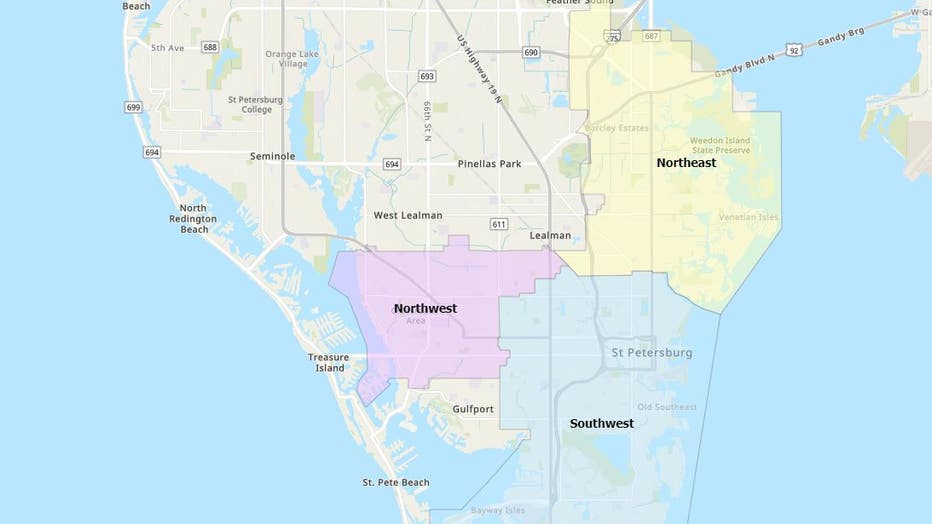 Residents and businesses located in the Northeast and Southwest shaded areas in the map are impacted by this situation. Credit: City of St. Petersburg