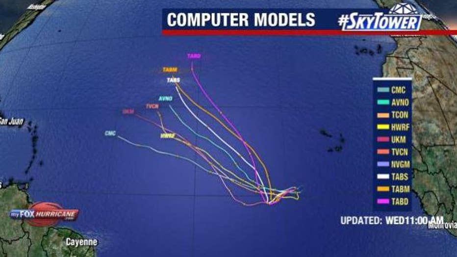 Computer models show Tropical Depression 13 staying over open waters.