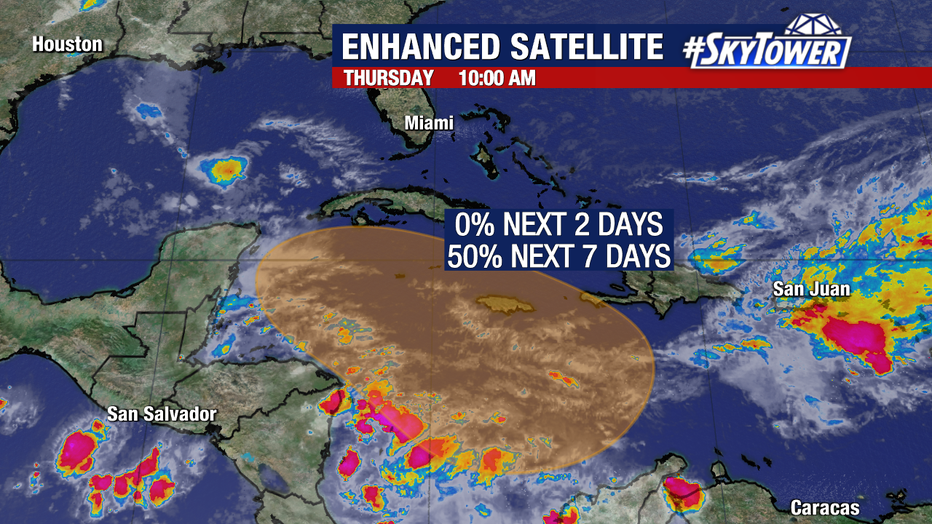The National Hurricane Center is giving an area of low pressure in the Caribbean a 50 percent chance to develop over the next seven days.