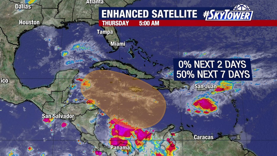 The National Hurricane Center estimates there is a 50 percent chance of a low pressure system developing in the Caribbean over the next seven days.