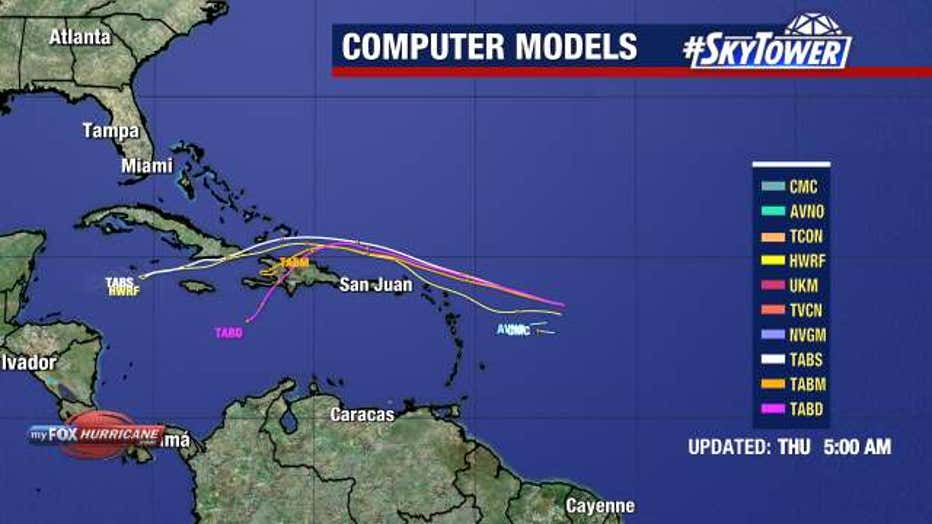 Models show Invest 94L moving toward the Leeward Islands, Virgin Islands, Puerto Rico and Hispaniola over the next several days.