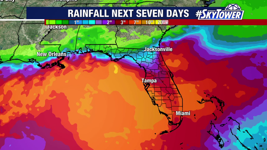 Several inches of rain could fall across the Tampa Bay area over the next seven days, according to FOX 13 meteorologists.