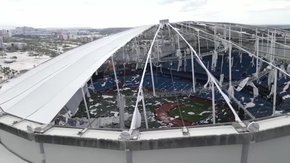 Drone footage of Tropicana Field without a roof after Hurricane Milton.