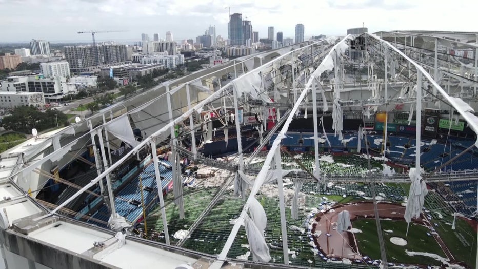 Tropicana Field without a roof after Hurricane Milton tore it off during the storm.