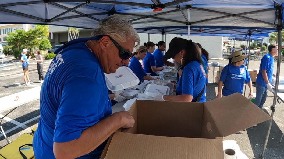 Bayside Church volunteers packing meals made by Mercy Chefs for Hurricane Milton victims.