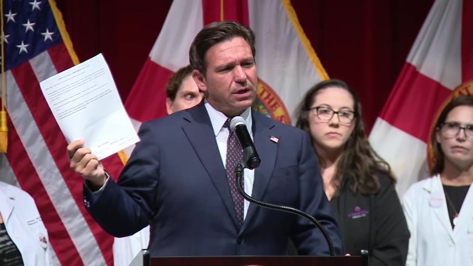 Governor Ron DeSantis holds a copy of Amendment 4 as he campaigns against its passage.