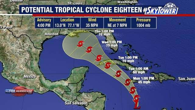 Potential Tropical Cyclone 18 forecast to become Tropical Storm Rafael, expected to stay west of Florida